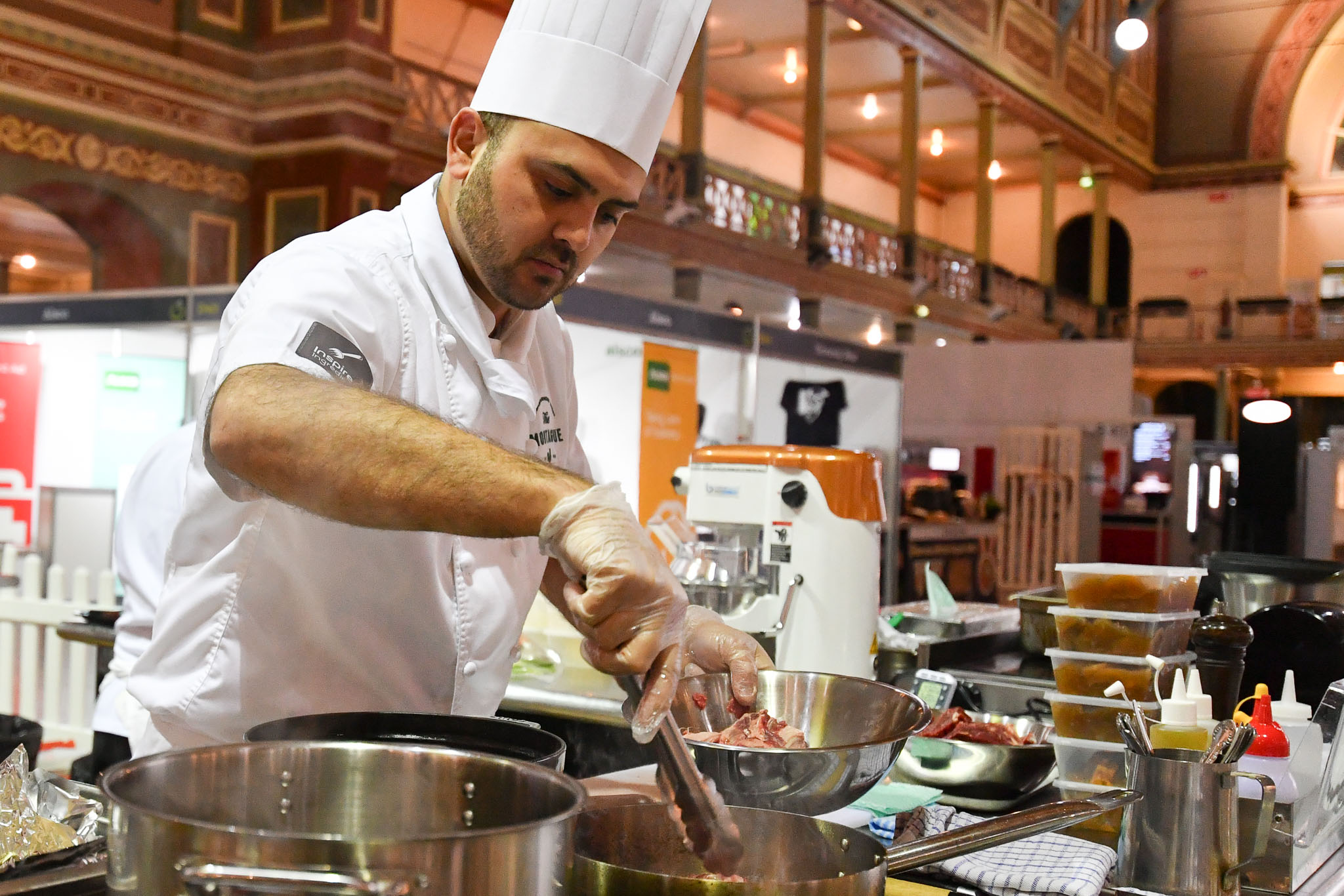 Melbourne, 30 May 2017 - Daniel Soto of the Montague Hotel in South Melbourne prepares the meat at the Australian selection trials of the Bocuse d'Or culinary competition held during the Food Service Australia show at the Royal Exhibition Building in Melbourne, Australia. Photo Sydney Low