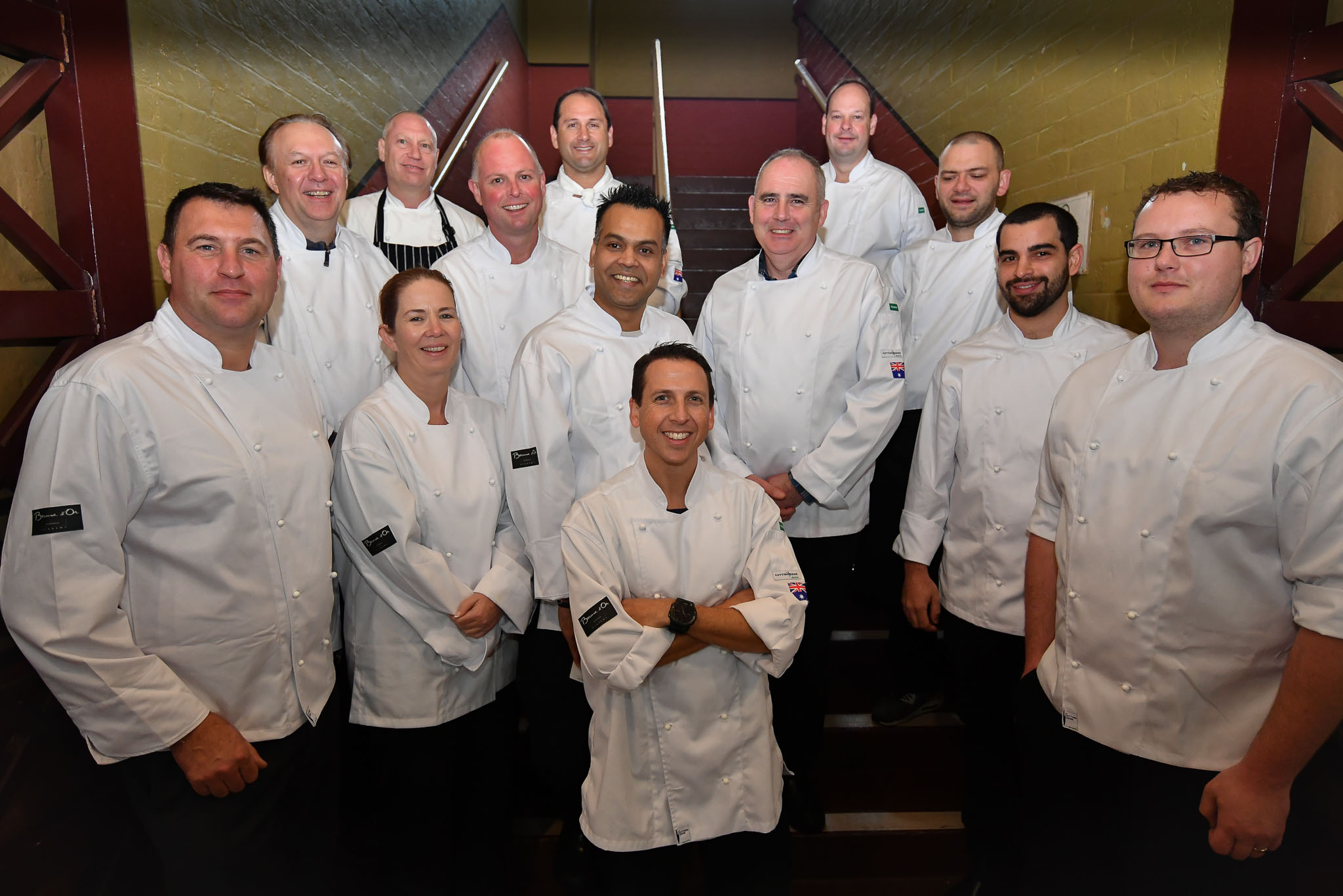 Melbourne, 30 May 2017 - The judges pose for a photograph at the Australian selection trials of the Bocuse d'Or culinary competition held during the Food Service Australia show at the Royal Exhibition Building in Melbourne, Australia.  Mark Agius from the William Angliss Institute a judge of the fish plate
Donovan Cooke from The Atlantic Restaurant a judge of the fish plate
Alexander McIntosh from At The Heads a judge of the fish plate
Andre Smaniotto from the Geelong Cats a judge of the fish plate
Simon Cosentino former Commis competitor Bocuse d’Or 2007-9 a judge of the meat plate
Florent Gerardin from the Newmarket Hotel a judge of the meat plate
Deepak Mishra from The Langham Hotel a judge of the meat plate
Mark Weatherley from Les Toques Blanches a judge of the meat plate
Karen Doyle from Le Cordon Bleu kitchen invigilator judge
Glenn Flood from the ALH Group kitchen invigilator judge
John McFadden from the Parkroyal Hotel Darling Harbour kitchen invigilator judge
Head judge Philippe Mouchel from the Philippe Restaurant kitchen invigilator judge
Tom Milligan of the Bocuse d'Or Academy AustraliaPhoto Sydney Low
